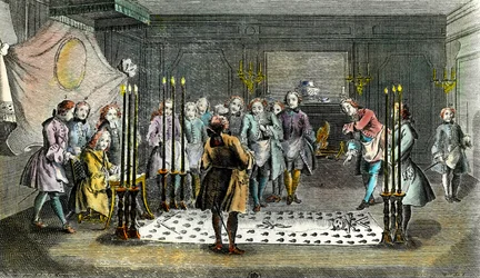 Assemblée de francs-maçons pour la réception des maîtres. Gravure vers 1750. Collection privée