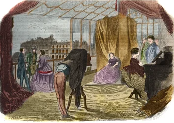 Atelier du photographe de Nadar Jeune (Alban Adrien Tournachon dit) (1825-1903), boulevard des Italiens à Paris. Gravure de 1856.