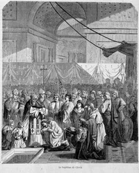 Baptême de Clovis par Anastase II dans la cathédrale de Reims le 25 décembre 498 - dans « Histoire des papes », vol. 1, Maurice Lachatre