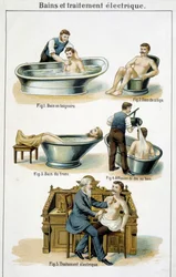 Bains et traitement électrique : 1) Baignoire, 2) Bain de siège, 3) Bain de tronc, 4) Bain de dos, 5) Traitement électrique - dans « Bilz, Médication naturelle », fin du 19e siècle