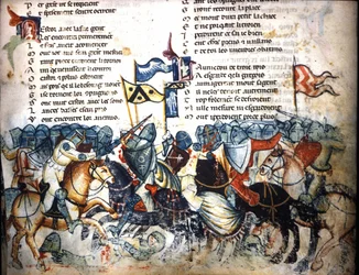 Scène de bataille. Miniature du « Roman de Troie » de Benoît de Sainte-Maure. XIVe siècle, Biblioteca Marciana, Venise.
