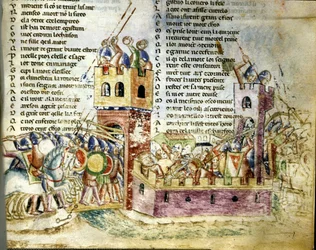 Scène de bataille dans un château fortifié. Miniature du « Roman de Troie » de Benoît de Sainte-Maure.