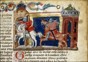 Scène de bataille, deux chevaliers en armure se confrontant (détail)