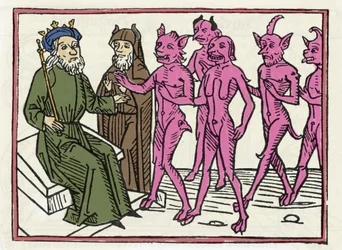 Le procès de Bélial : « Le démon Bélial, accompagné de quatre autres démons, comparaît devant le juge Salomon. » Gravure tirée du « Procès de Bélial » de Jacobus de Teramo (ou Palladino), Augsbourg