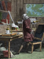 Benjamin Franklin (1706-1790), philosophe, physicien et ambassadeur américain dans son laboratoire à Philadelphie.