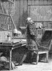 Benjamin Franklin, homme politique et physicien américain (1706-1790) dans son laboratoire de physique à Philadelphie - gravure