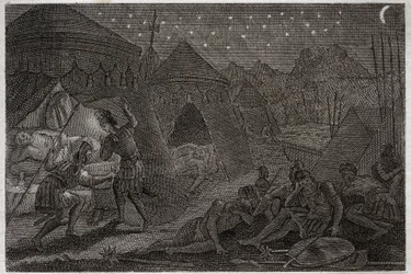 Bible de Royaumont, Ancien Testament : David épargne Saül. David a Saül à sa merci, mais il ne le blesse pas. Il prend juste la lance et sa coupe. Illustration de 1811.
