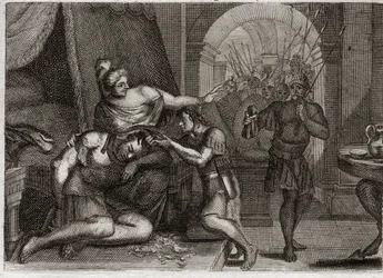 Bible de Royaumont, Ancien Testament : Mort de Samson. Samson révèle à Dalila que sa force réside dans ses cheveux. Elle les coupe et fait entrer les soldats philistins dans la chambre. Illustration de 1811.