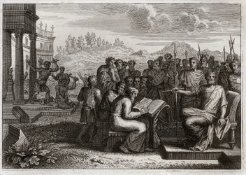 Bible de Royaumont, Ancien Testament : Piété de Josias. Josias, roi de Juda, restaure le culte de Dieu dans son royaume et surpasse en vertu tous les rois ses prédécesseurs. Illustration de 1811