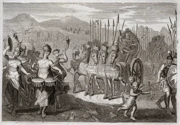 Bible de Royaumont, Ancien Testament : Triomphe de David. Après que David a vaincu le géant Goliath, les femmes d