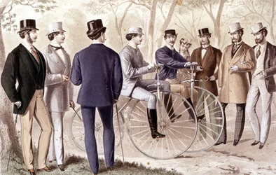 Balade à vélo. Gravure. 1870.