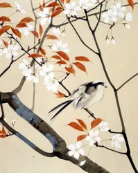 Oiseau et cerisier en fleurs - Dessin japonais par Riou Chim, fin du 19e siècle