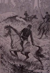 Pisteurs noirs poursuivant des bushrangers en Australie (gravure)