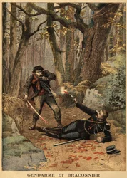 Lutte sanglante entre un braconnier et un gendarme dans les environs de Béziers. Gravure dans « Le petit journal » 10/03/1895. Collection Selva.