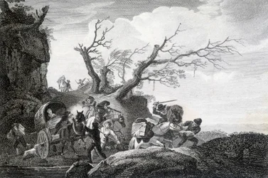 Brigands attaquant des voyageurs sur une route de campagne