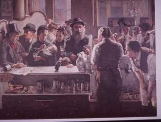 Pub britannique servant des boissons (lithographie en couleur)