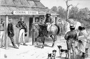 Boutique de brousse en Australie, vers 1880.