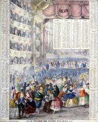 Calendrier de 1859 représentant une soirée de Carnaval au Teatro alla Scala en 1859.