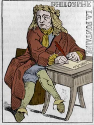 Carte à jouer de la République française (1793) publiée à la Convention nationale le 21/09/1792, après la chute des royaumes : le personnage du philosophe sous les traits de Jean de la Fontaine (1621-1695) poète français. Dans "Le magasin pittoresque"