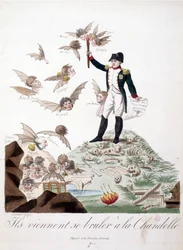 Caricature de Napoléon I représenté sur une colline couverte de squelettes et tenant une bougie qui brûle les ailes de personnages (Merlin de Douai, Regnault...) représentés en chauve-souris - dans Napoléon I, caricatures, collection factice. 1814 - 1815. 