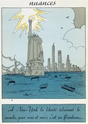 Caricature de la Statue de la Liberté aux États-Unis : "La liberté à New York illuminant le monde, pour vous et moi c