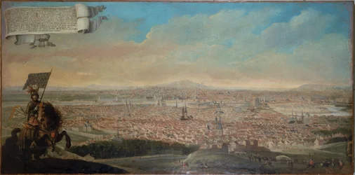 Vue cavalière de Paris, avec le portrait équestre du Chevalier des Essarts, circa 1645