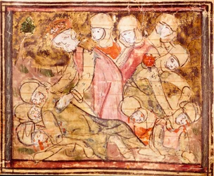 Charlemagne (742-814) trouve le corps de son neveu Roland mort à la bataille de Roncevaux Miniature des « Grandes Chroniques de France » 1375-1379 Bibliothèque municipale, Castres
