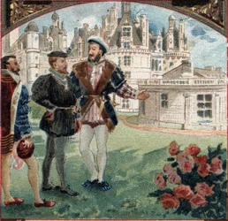 Charles V reçu par François Ier au château de Chambord. Chromolithographie de la fin du 19ème siècle