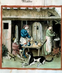 Fabrication du fromage. Enluminure du « Tacuinum sanitatis »