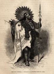 Chef Yellow Moccassin, de la tribu indienne Crow, vivant le long de la rivière Lewis. Gravure pour illustrer une excursion parmi les tribus indiennes des bassins de la Colombie et du Haut Missouri, par G. Catlin, en 1855, publiée dans "Le tour du monde"