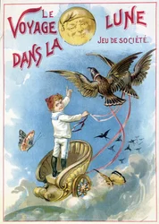 Enfant emmené dans un char tiré par des oiseaux vers la lune : « Le Voyage dans la Lune » - boîte de jeu, 19e siècle