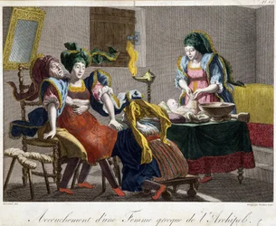 Accouchement en Grèce - gravure, fin 19e siècle