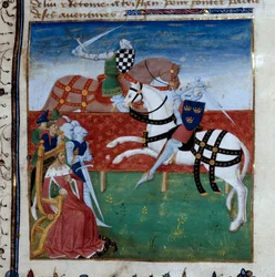 Tournoi chevaleresque entre Tristan et Palamède. Miniature tirée du manuscrit « Le roman de Tristan »