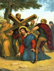 Chromolithographie de la fin du 19e siècle représentant la vie du Christ : Jésus tombe pour la première fois sous la croix