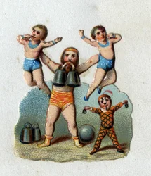 Cirque : un haltérophile soulève deux hommes à bout de bras tout en tenant un poids entre les dents pour démontrer ce que ses muscles peuvent faire. Chromolithographie vers 1890.