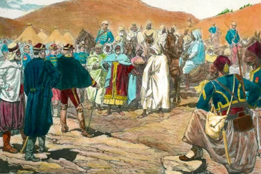 Colonialisme : Les chefs tribaux tunisiens viennent au parlement. Gravure du 19ème siècle