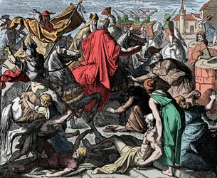 Conrad Ier le Jeune se rendant au couronnement - Conrad Ier de Germanie (mort en 918) fut couronné roi de Francie occidentale en 911 - Gravure sur bois de Carl Ferdinand Obermann (1823-1910)