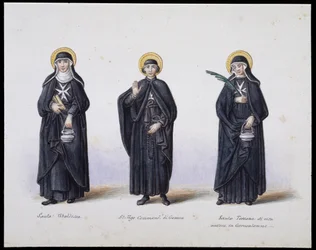 Costumes : 1. Sainte Ubaldesca, 2. Saint Ugo Commandant de Gênes, 3. Sainte Toscane de vie. sd. 19ème siècle