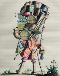Costumes de Paris à travers les siècles - Gravure n°81 intitulée "Admire la Force" - Caricature faite par des apothicaires contre Armand Nompar II de Caumont (1679-1761) Duc de La Force accusé de monopole en 1721