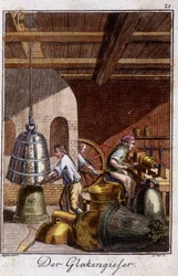 Artisanat : le fondeur de cloches dans son atelier. Dans « Description complète des arts et métiers et ateliers pour les jeunes » par Johan Peter Vue. Éd. Nuremberg, Weigel et Schneider
