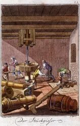 Artisanat : les fondeurs de canons dans leur atelier. Dans « Description complète des arts et métiers et ateliers pour les jeunes » par Johan Peter Vue. Éd. Nuremberg, Weigel et Schneider