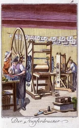 Métiers : le graveur sur cuivre dans son atelier. Dans « Description complète des arts et métiers et ateliers pour les jeunes » par Johan Peter Vire. Ed. Nuremberg, Weigel et Schneider