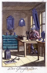Artisanat : le cristallier dans son atelier. Dans « Description complète des arts et métiers et ateliers pour les jeunes » par Johan Peter Vue. Éd. Nuremberg, Weigel et Schneider
