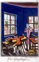 Métiers : le tailleur de verre dans son atelier. Dans « Description complète des arts et métiers et ateliers pour les jeunes » par Johan Peter Vue. Éd. Nuremberg, Weigel et Schneider