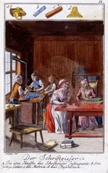 Artisanat : le dactylographe dans son atelier. Dans « Description complète des arts et métiers et ateliers pour les jeunes » par Johan Peter Vue. Ed. Nuremberg, Weigel et Schneider
