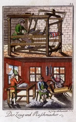 Métiers : le tisserand dans son atelier. Dans « Description complète des arts et métiers et ateliers pour les jeunes » par Johan Peter Vue. Éd. Nuremberg, Weigel et Schneider