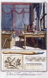 Artisanat : le graveur sur bois (et ses outils de travail) dans son atelier. Dans « Description complète des arts et métiers et ateliers pour les jeunes » par Johan Peter Vue. Éd. Nuremberg, Weigel et Schneider