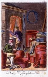 Artisanat : le chaudronnier dans son atelier. Dans « Description complète des arts et métiers et ateliers pour les jeunes » par Johan Peter Vue. Éd. Nuremberg, Weigel et Schneider