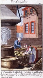 Artisanat : le fabricant de colle dans son atelier. Dans « Description complète des arts et métiers et ateliers pour les jeunes » par Johan Peter Vue. Éd. Nuremberg, Weigel et Schneider