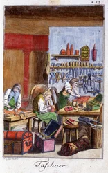 Artisanat : le pochetier et le gibecier dans leur atelier. Dans « Description complète des arts et métiers et ateliers pour les jeunes » par Johan Peter Vue. Éd. Nuremberg, Weigel et Schneider